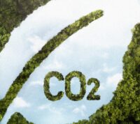 nuvem de fumo em forma de folha sobre uma floresta, com as letras CO2 bem claras