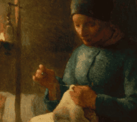 quadro de Millet em que uma mãe cose peça de roupa enquanto a sua criança dorme no berço, cena iluminada por uma lamparina