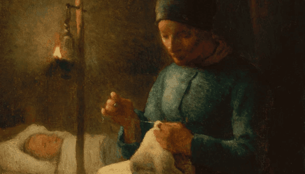 quadro de Millet em que uma mãe cose peça de roupa enquanto a sua criança dorme no berço, cena iluminada por uma lamparina