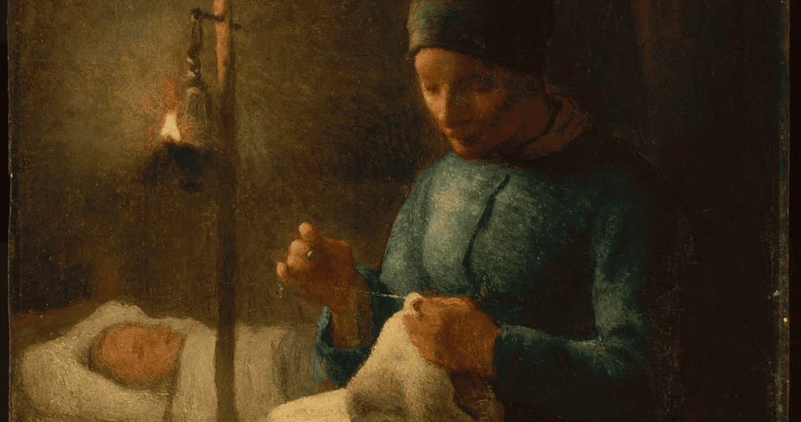 quadro de Millet em que uma mãe cose peça de roupa enquanto a sua criança dorme no berço, cena iluminada por uma lamparina