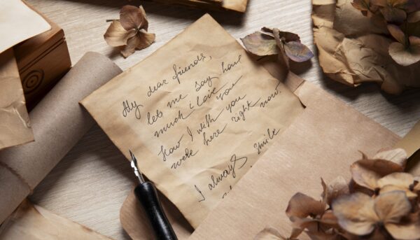 papel velho de carta, amarelado e rugoso, sobre mesa, ladeado por caneta de tinta permanente, entre folhas de papel e flores secas