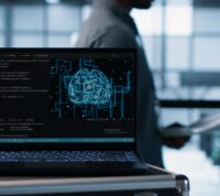 Tecnologia de inteligência artificial a programar num portátil num centro de dados, com programadores ao fundo a utilizar modelos de aprendizagem automática.