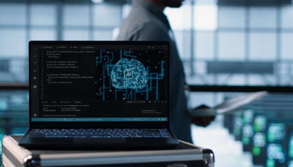 Tecnologia de inteligência artificial a programar num portátil num centro de dados, com programadores ao fundo a utilizar modelos de aprendizagem automática.